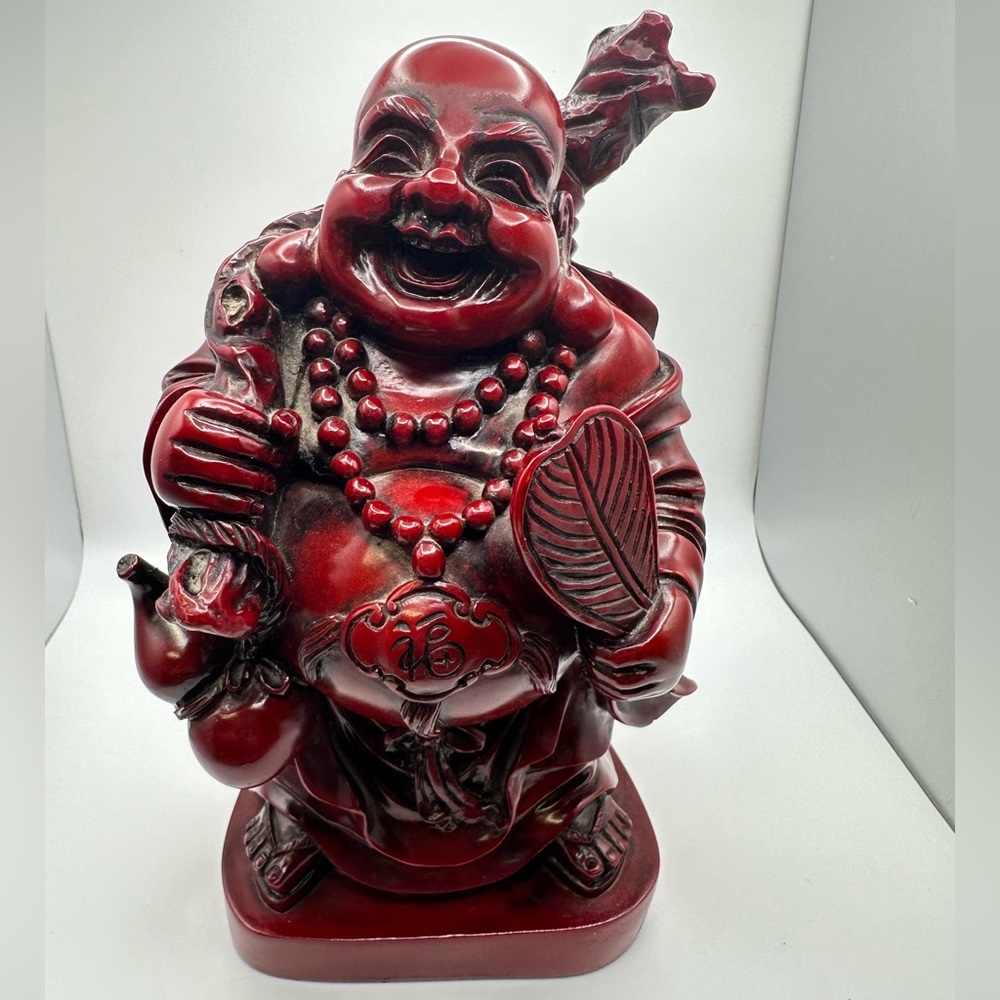 Laughing Traveling Buddha 8.5 Inch Red Resin Statue